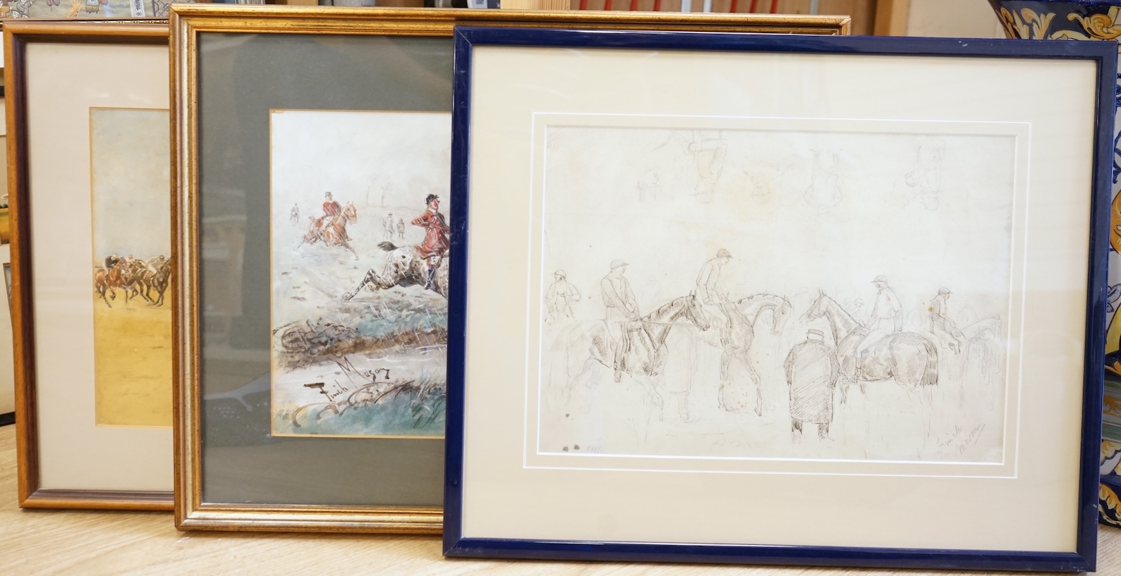 George Finch Mason (1850-1915), 'The Major', 'Where's there a ford, Tom?', heightened watercolour, signed, together with a pen and ink sketch by the same artist and an early 20th century watercolour, Liverpool Autumn Cup